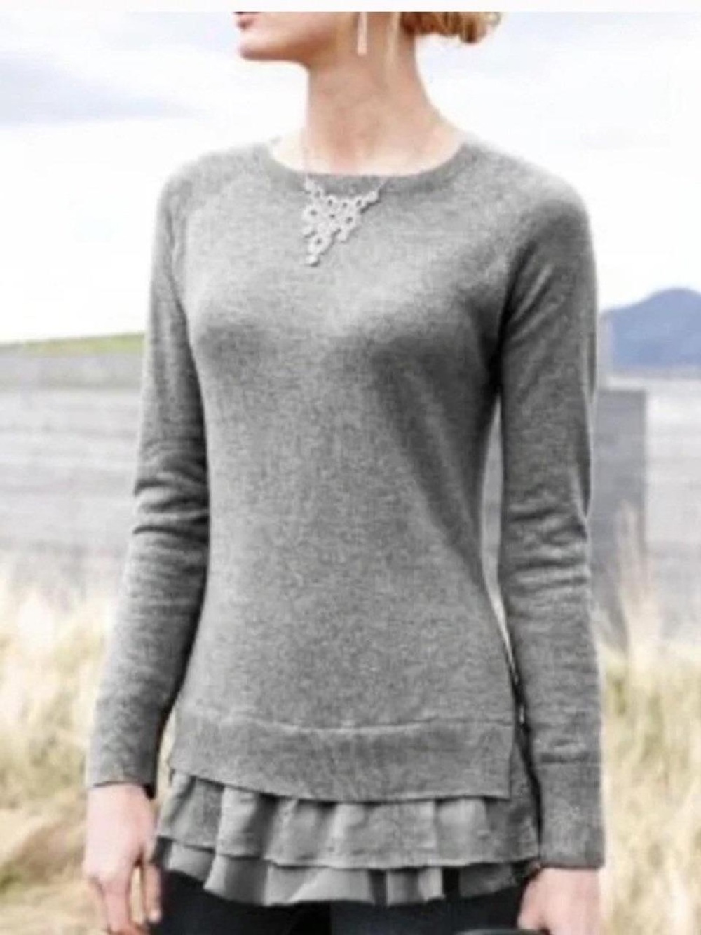 Garnet Hill Large‎ Gray 100% Cashmere & Layered Silk Lace Raw Edge Trim Sweater